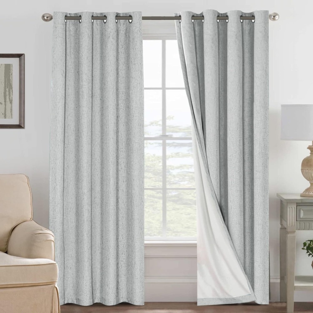 Light Gray Textured‎ Room Darkening Window Curtains, Anti-Rust Grommets